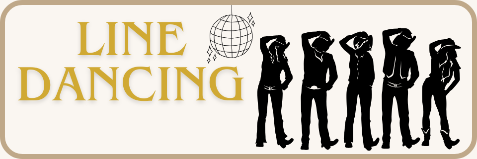 Silhouettes of five people in cowboy hats line dancing under a disco ball, with large text reading "Line Dancing" on the left side.