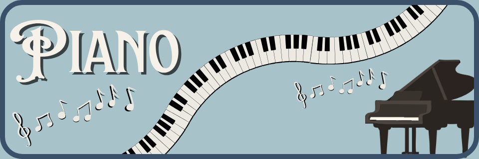 Illustration of the word "Piano," a grand piano, musical notes, and a winding keyboard on a blue background.
