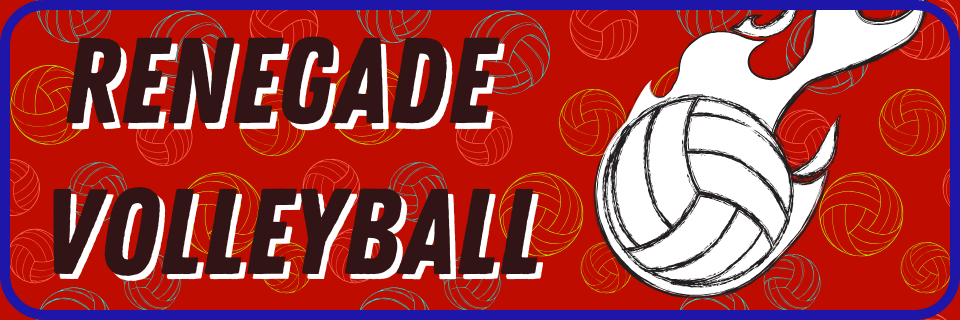 A red banner with "Renegade Volleyball" in bold text, featuring a flaming volleyball illustration and a background pattern of volleyballs.