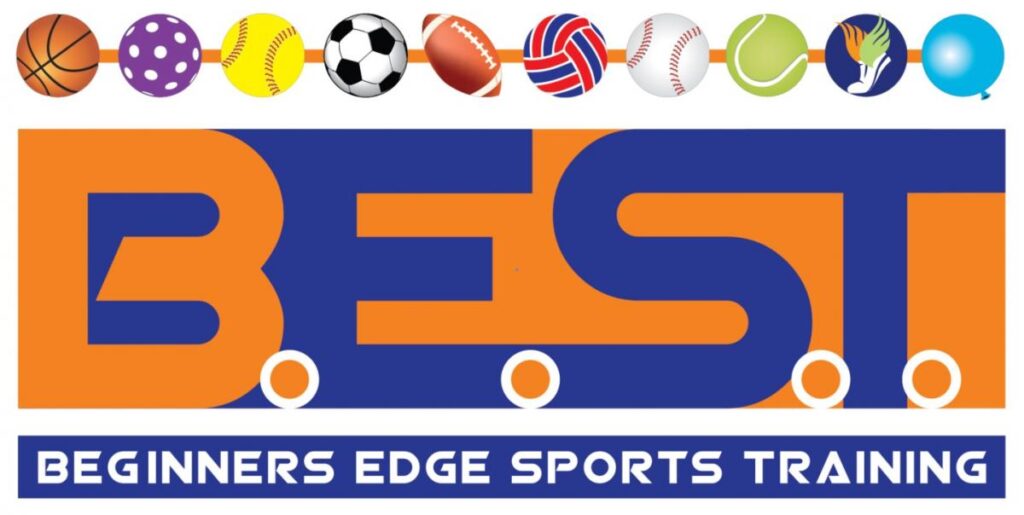 Logo for Beginners Edge Sports Training with “BEST” in large orange and blue letters, various sports balls above, and the program name in a blue banner below.