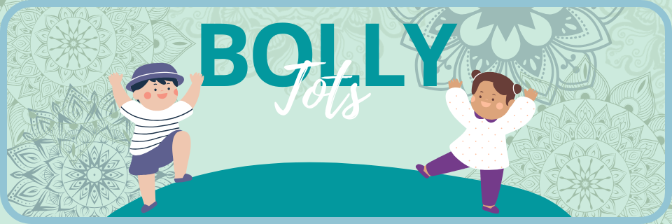 Illustration of two children dancing on a patterned background with the text "Bolly Tots" in bold letters above them.