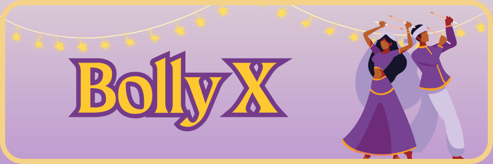 BollyX logo next to two illustrated dancers in traditional Indian attire under string lights with star-shaped decorations on a purple background.
