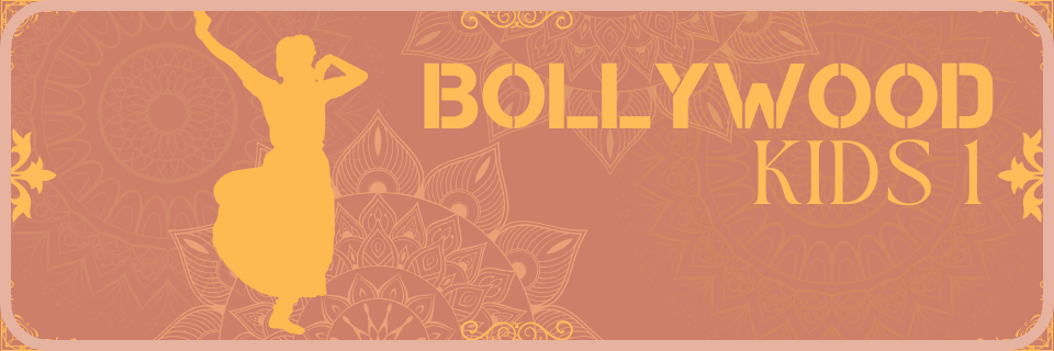 A stylized silhouette of a dancer and the text "Bollywood Kids 1" on a patterned brown background with floral designs.
