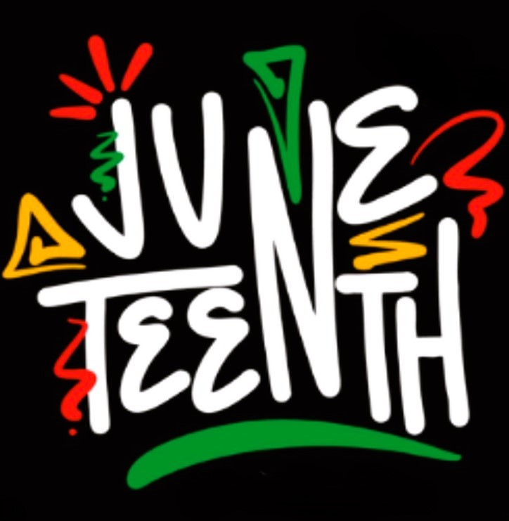 The word "Juneteenth" is written in bold, stylized white letters with red, yellow, and green decorative accents on a black background.