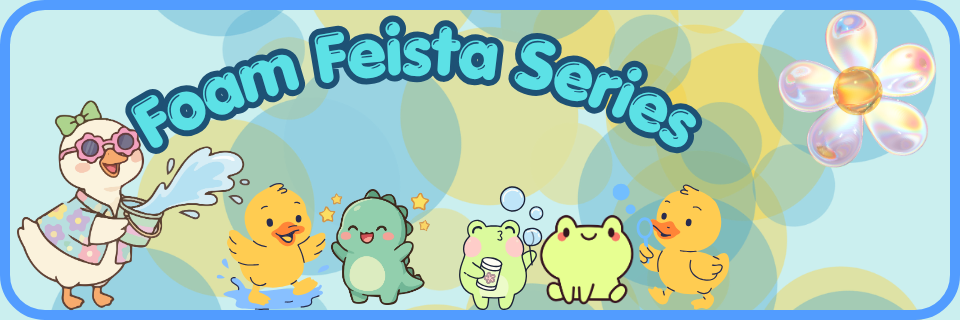 Cartoon animals, including a duck, dinosaur, frog, and chick, stand under the words "Foam Feista Series" with bubbles and a shiny flower in the background.
