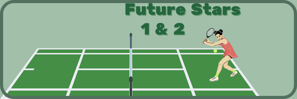 Illustration of a young girl playing tennis on a court with the text “Future Stars 1 & 2” above her.