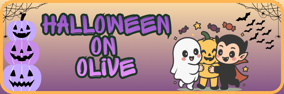 Illustration of three jack-o’-lanterns, text "Halloween on Olive," and cartoon characters dressed as a ghost, pumpkin, and vampire, with flying bats and candy decorations.