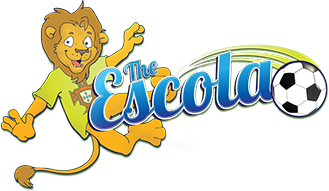 Cartoon lion wearing a green shirt beside the words “The Escola” with a soccer ball, featuring a colorful swoosh design.