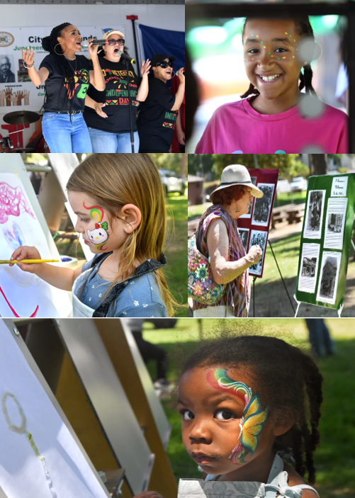 A collage shows people at an outdoor event, with children displaying face paint, a woman reading a display, and a group singing on stage.