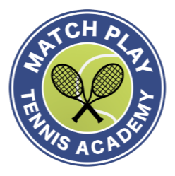 Circular logo with “Match Play Tennis Academy” text, two crossed tennis rackets, and a green tennis ball background.