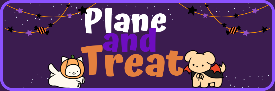 A Halloween-themed banner with the text "Plane and Treat," featuring a cat in a pumpkin costume, a dog in a vampire cape, and orange star garlands on a purple background.