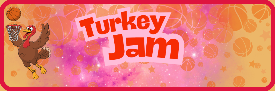 Illustration of a turkey playing basketball with the text "Turkey Jam" on a background featuring basketballs and stars.