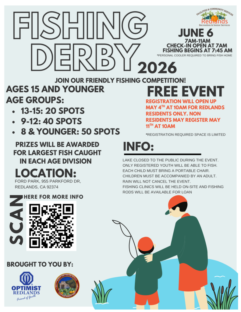Flyer for a free youth fishing derby on June 6, 2026, at Ford Park, Redlands, CA. Registration info, age groups, prizes, times, and scanned QR code included.