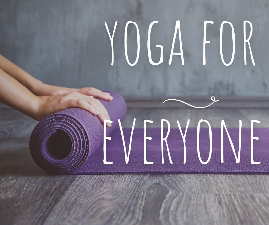 Close-up of hands rolling a purple yoga mat on a wooden floor, with the text "Yoga for Everyone" overlaid.