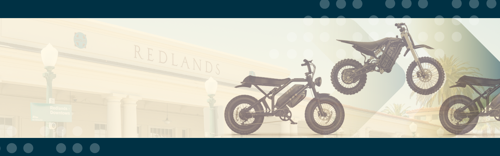 Three electric bikes are displayed in front of a faded background showing a building labeled "Redlands" with palm trees and street lamps.
