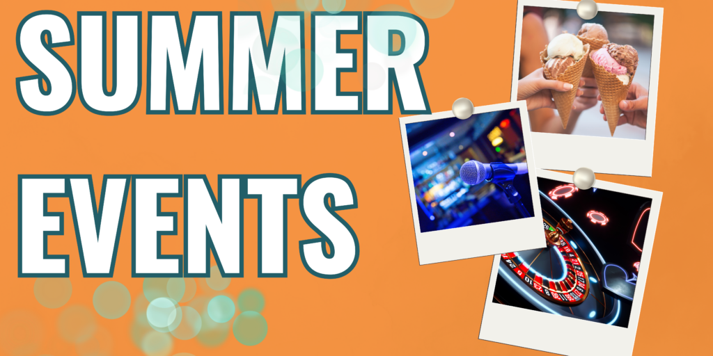 Orange background with large text reading 'Summer Events' and three polaroid-style photos showing ice cream cones, a microphone, and a roulette wheel.