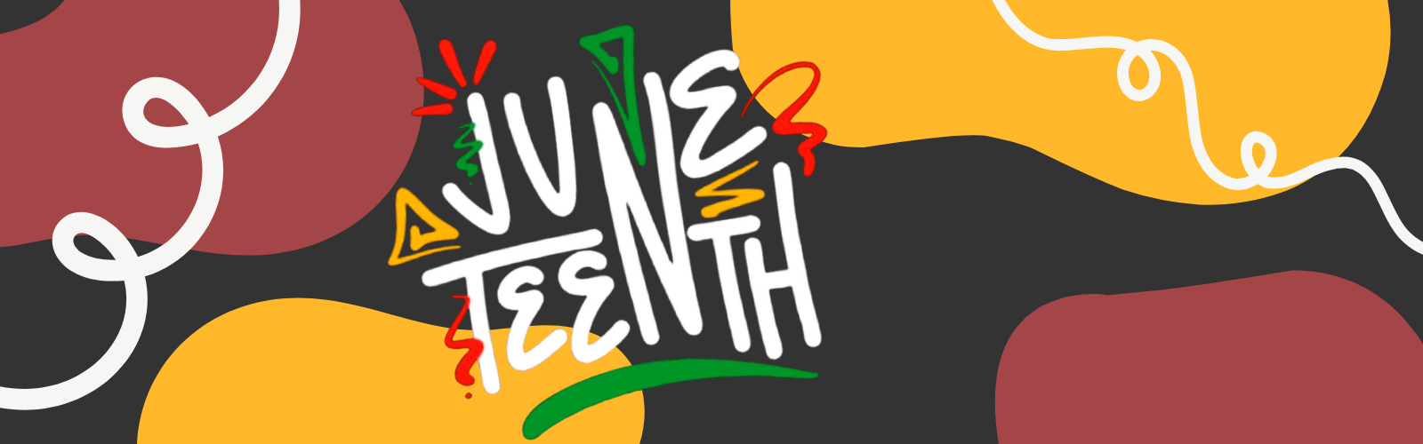 Colorful graphic with abstract shapes in yellow, red, and black, featuring bold white text that reads "Juneteenth" with lines and accents in red, yellow, and green.