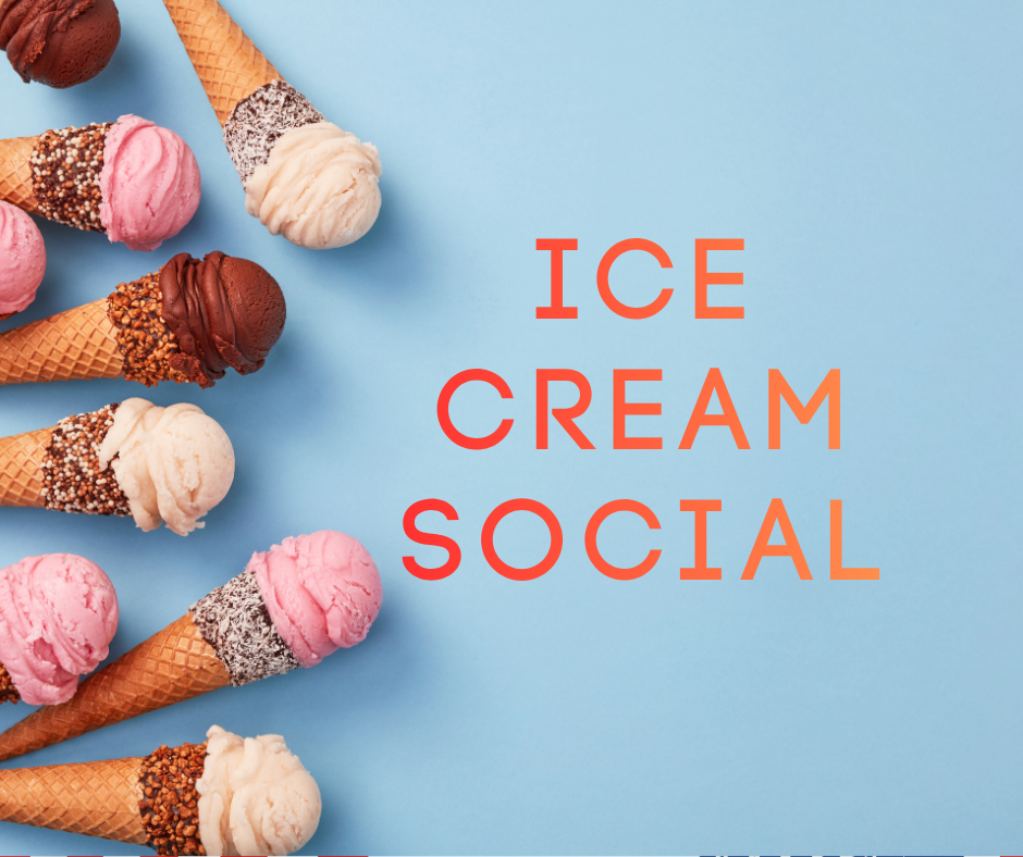 Ice cream cones in various flavors arranged on a blue background with the words 'Ice Cream Social' in orange text.