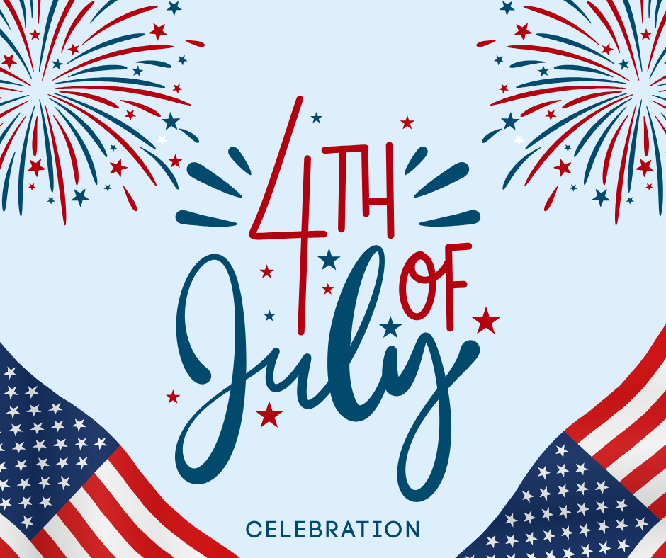 Illustration of "4th of July" in bold letters with fireworks, stars, and US flags, with the word "Celebration" at the bottom.