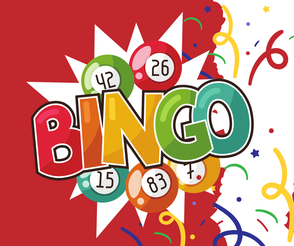Colorful "BINGO" text with numbered bingo balls (42, 26, 15, 83, 7) on a red and white background, surrounded by confetti and streamers.