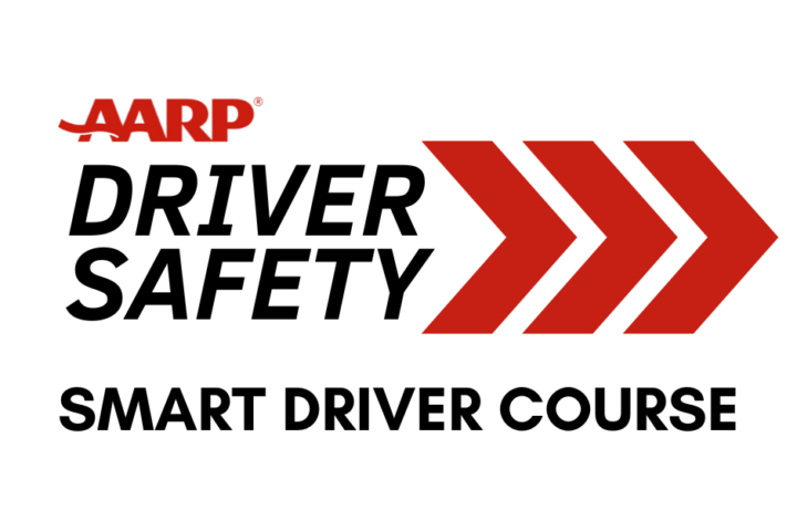 AARP Driver Safety Smart Driver Course logo with red arrows pointing right on a white background bordered by red stripes.