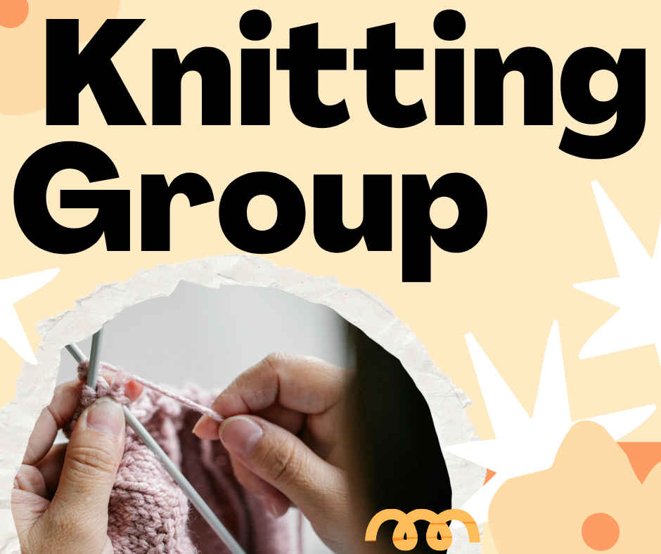 Hands knitting with pink yarn and needles, under bold black text reading "Knitting Group" on a light background with abstract shapes.