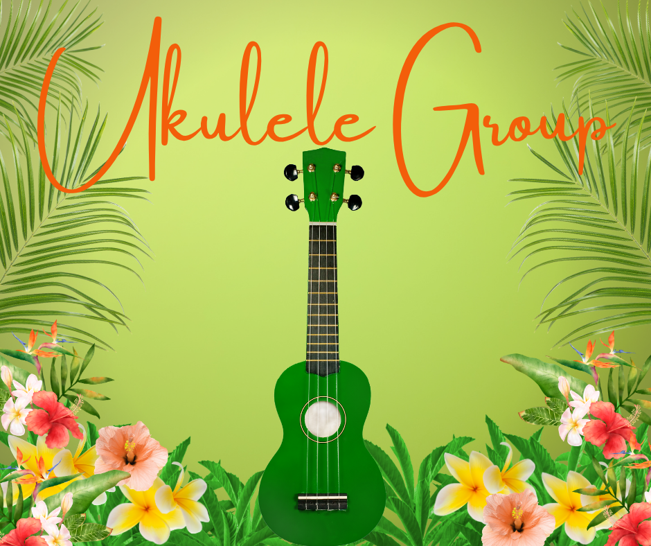 Green ukulele centered among tropical flowers and palm leaves, with the words "Ukulele Group" in orange cursive text on a green gradient background.