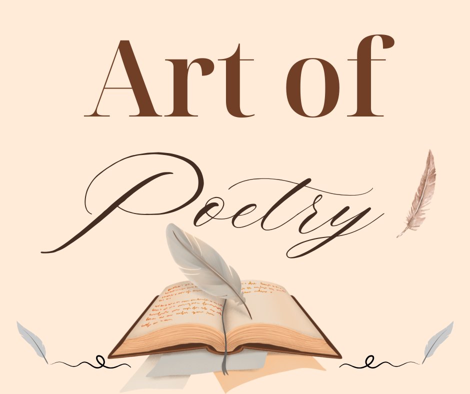 An open book with a feather quill rests on its pages. The text above reads “Art of Poetry” in decorative fonts, with small feather illustrations on a beige background.