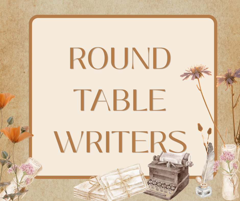 A sign reading "Round Table Writers" with vintage flowers, a typewriter, stacked letters, and an ink bottle surrounding the text.