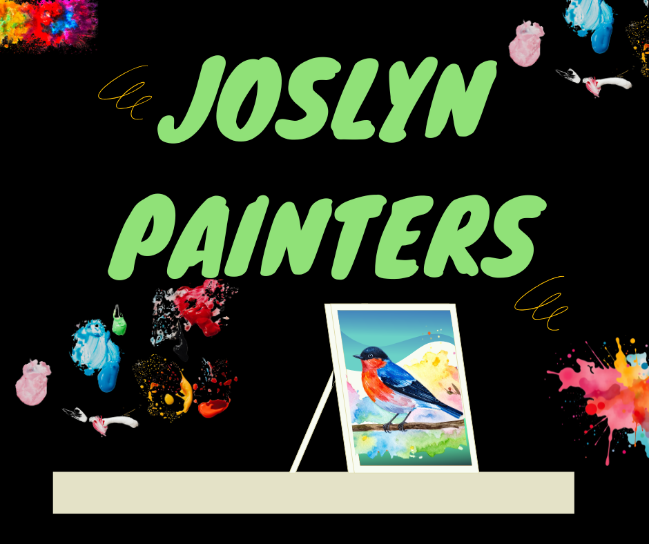 The image displays the words "Joslyn Painters" in bold green text, with colorful paint splatters and an easel holding a painting of a bird on a shelf.