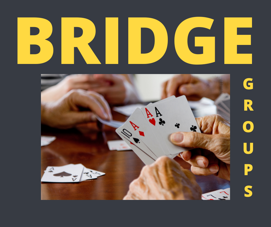 Four people play a game of bridge, holding and playing cards on a table. The text reads "BRIDGE GROUPS" in large yellow letters.