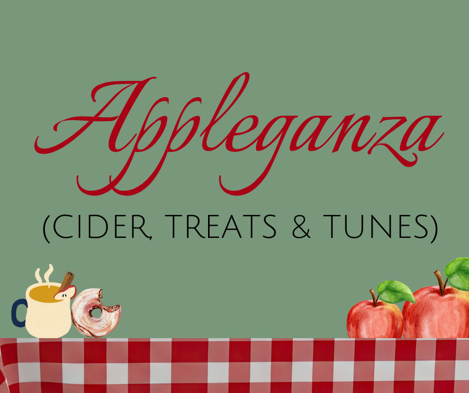 Event flyer titled "Appleganza (Cider, Treats & Tunes)" featuring illustrations of a mug, a donut, and two apples over a red and white checkered tablecloth against a muted green background.