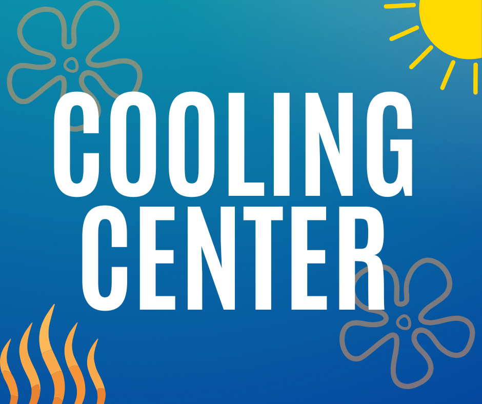 Text "Cooling Center" in large white letters on a blue background with sun, heat waves, and abstract flower-like shapes in the corners.