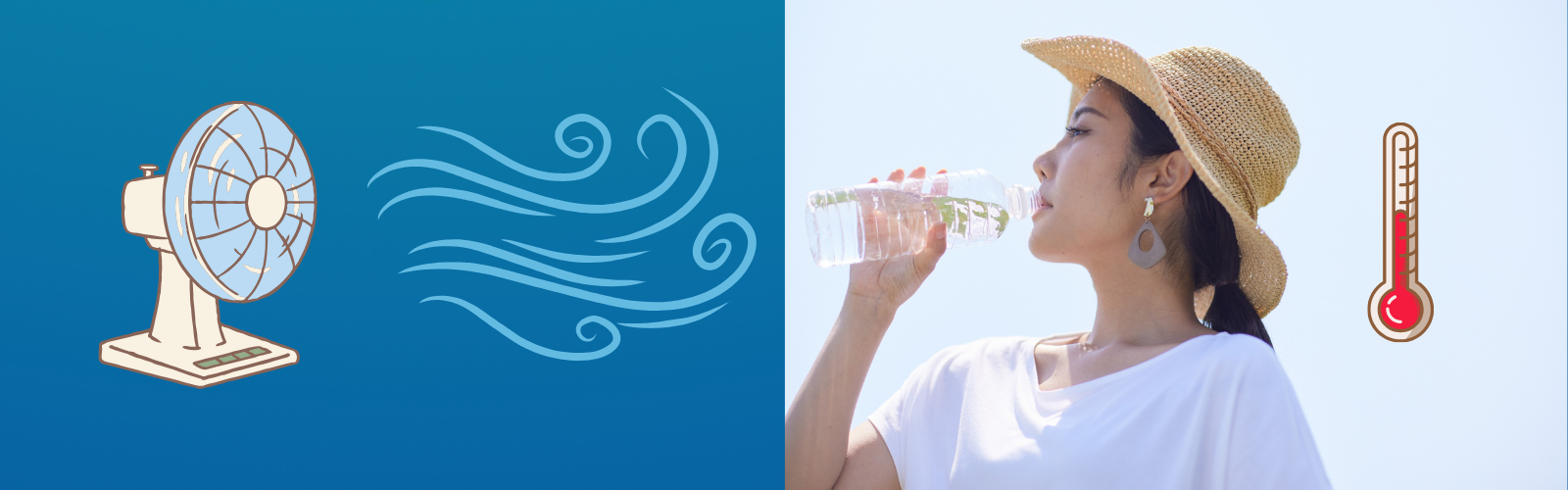 Illustration of a fan and cooling breeze on the left; on the right, a woman wearing a hat drinks water next to a red thermometer, suggesting ways to stay cool.