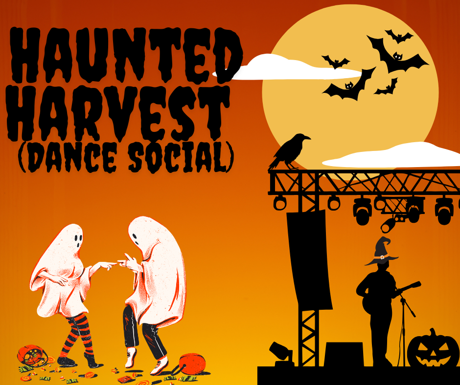 Two people in ghost costumes dance among pumpkins while a musician plays guitar on stage. A large orange moon, bats, and a raven are in the background with “Haunted Harvest (Dance Social)” text.