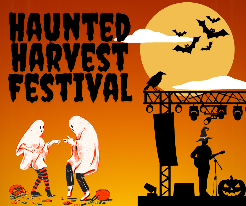 Two people in ghost costumes dance among pumpkins at a nighttime Halloween festival with a musician on stage, bats, a crow, and a large yellow moon in the background.
