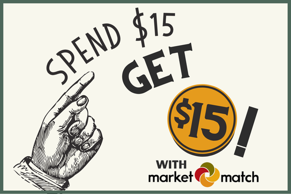 A hand points to text reading “Spend $15 Get $15!” with the Market Match logo below.