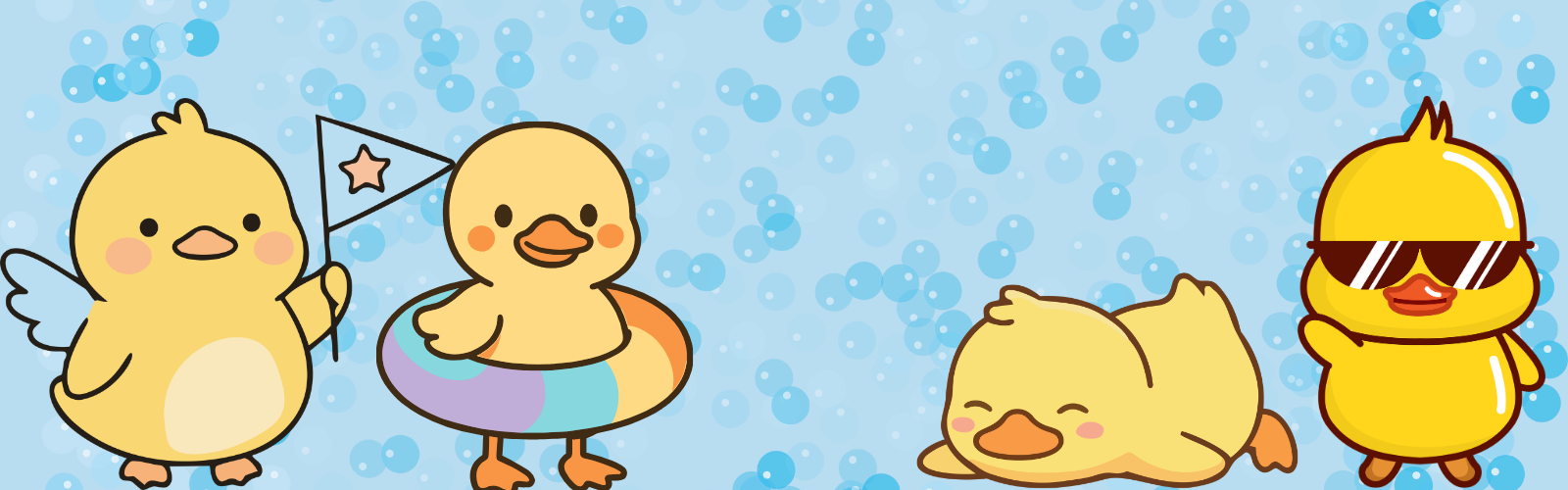 Four cartoon ducklings on a blue bubbly background; one holds a flag, one wears a float, one lies down, and one stands upright wearing sunglasses.