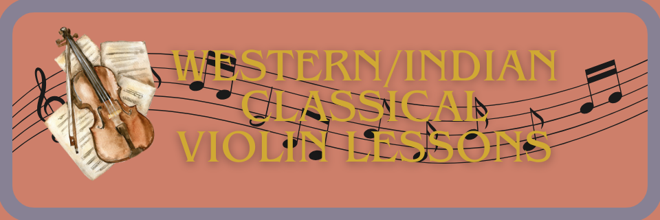 A violin rests on sheet music beside musical notes, with text reading "Western/Indian Classical Violin Lessons" over a coral background.