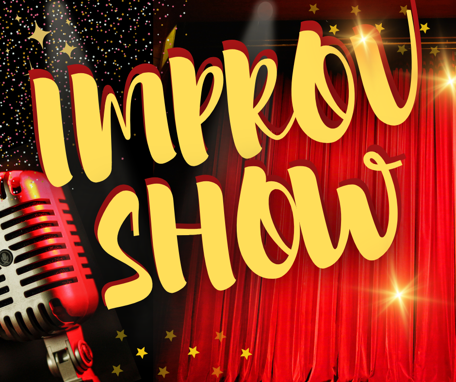 A vintage microphone and red stage curtain with large yellow text reading “Improv Show” surrounded by star decorations.