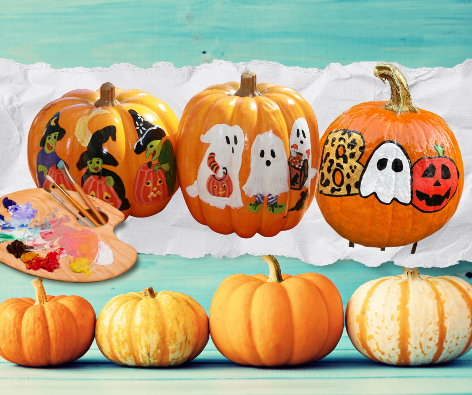 Three painted pumpkins with Halloween designs, including witches, ghosts, and pumpkins, are above four unpainted pumpkins and a paint palette on a turquoise wooden background.