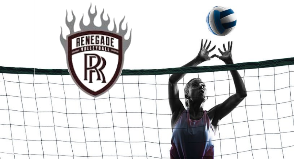 A volleyball player jumps to set the ball at a net. The Renegade Volleyball team logo appears on the left side of the image.