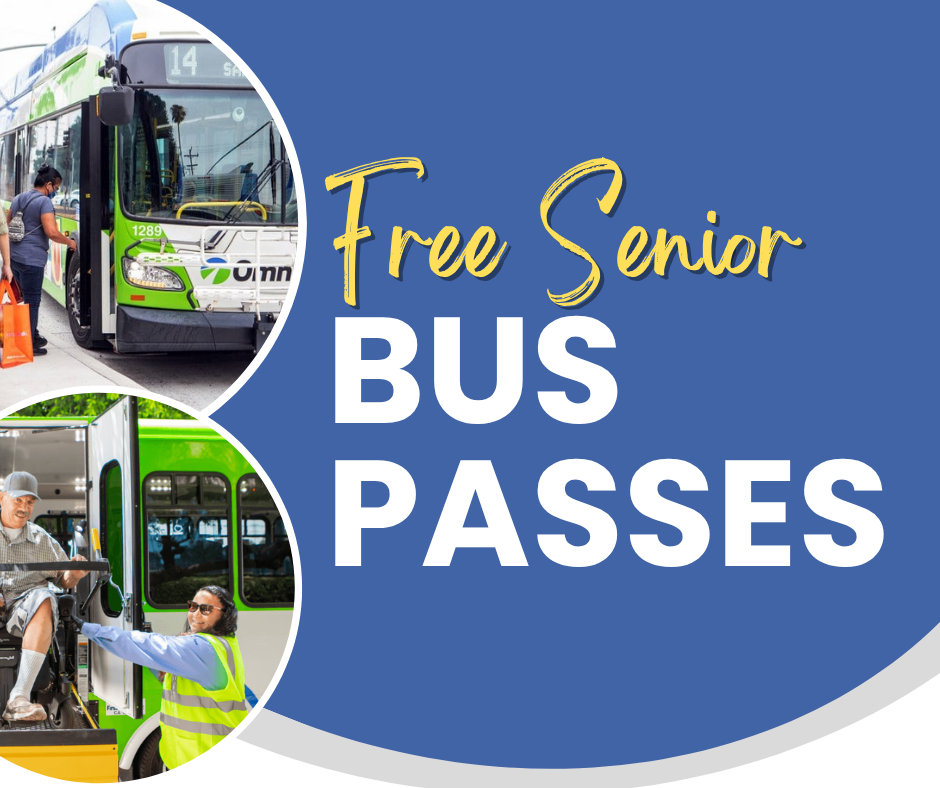 A bus and a senior boarding it with assistance. Text reads “Free Senior Bus Passes” on a blue background.