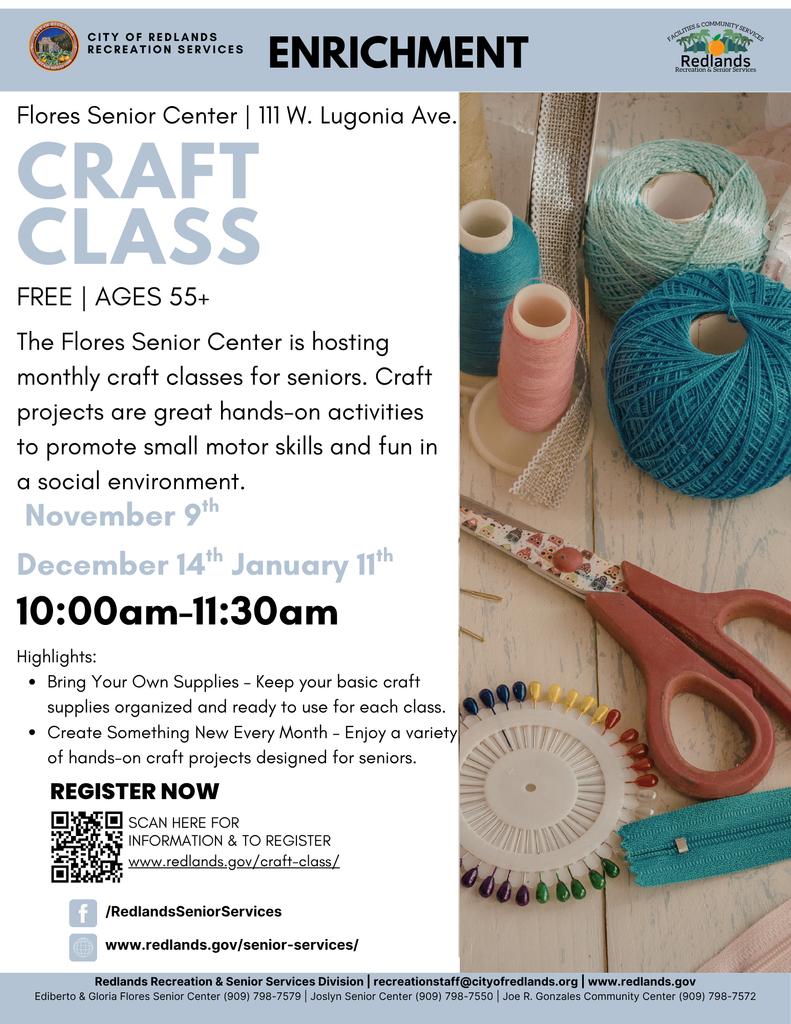 Flyer for a free senior craft class at Flores Center, with yarn, scissors, and craft supplies shown. Classes run December 14 to January 11, Thursdays, 10am-11am, for ages 55+.