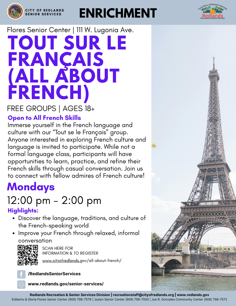 Flyer for a free French language and culture event at Flores Senior Center, Mondays 12-2 pm, for ages 18+, with Eiffel Tower image and event registration details.