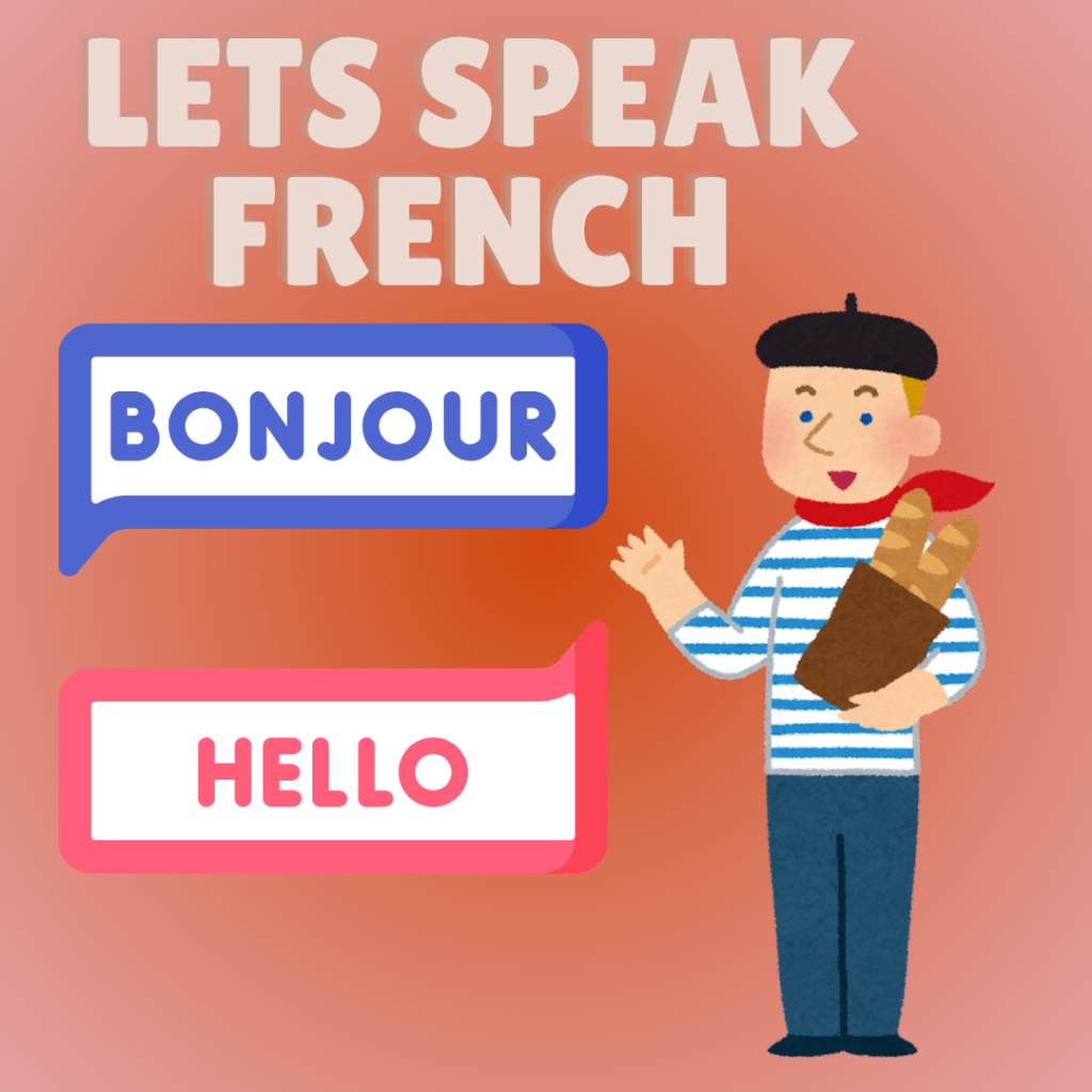 An illustration promoting learning French, showing a person in French attire holding bread, with speech bubbles saying “BONJOUR” and “HELLO.”.