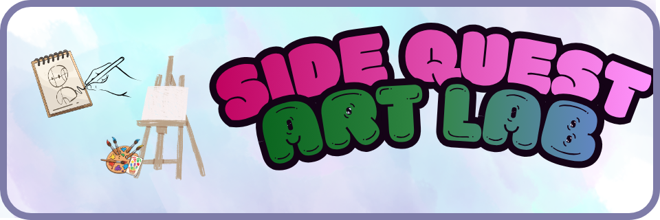A notepad, easel, and art supplies next to the bold text “SIDE QUEST ART LAB” on a pastel background with a purple border.