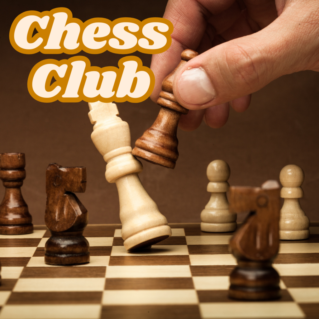A hand captures a white king with a black king on a chessboard. Text “Chess Club” appears in bold yellow and white in the upper left corner.