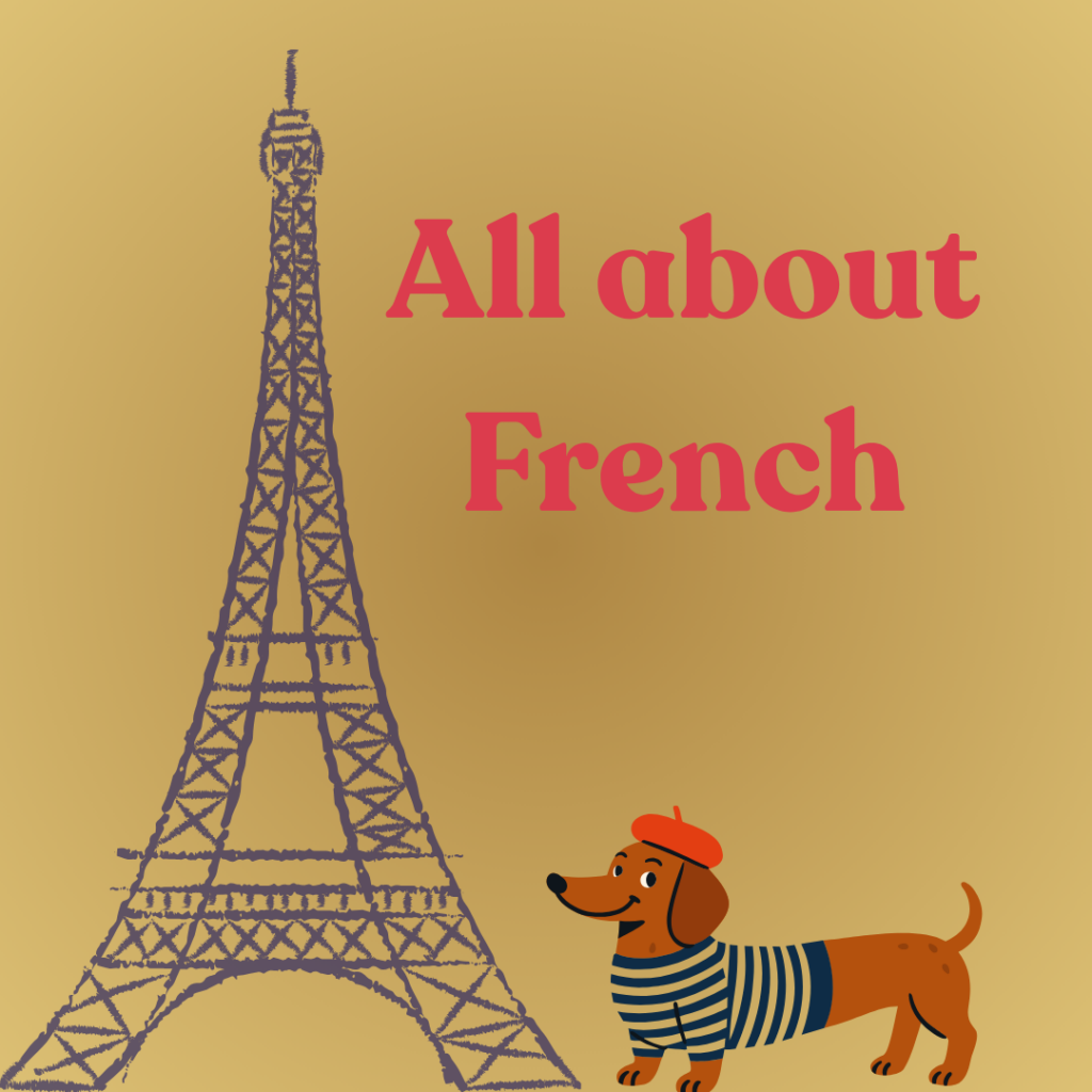 Illustration of the Eiffel Tower with the text “All about French” and a dachshund wearing a beret and striped shirt on a gold background.