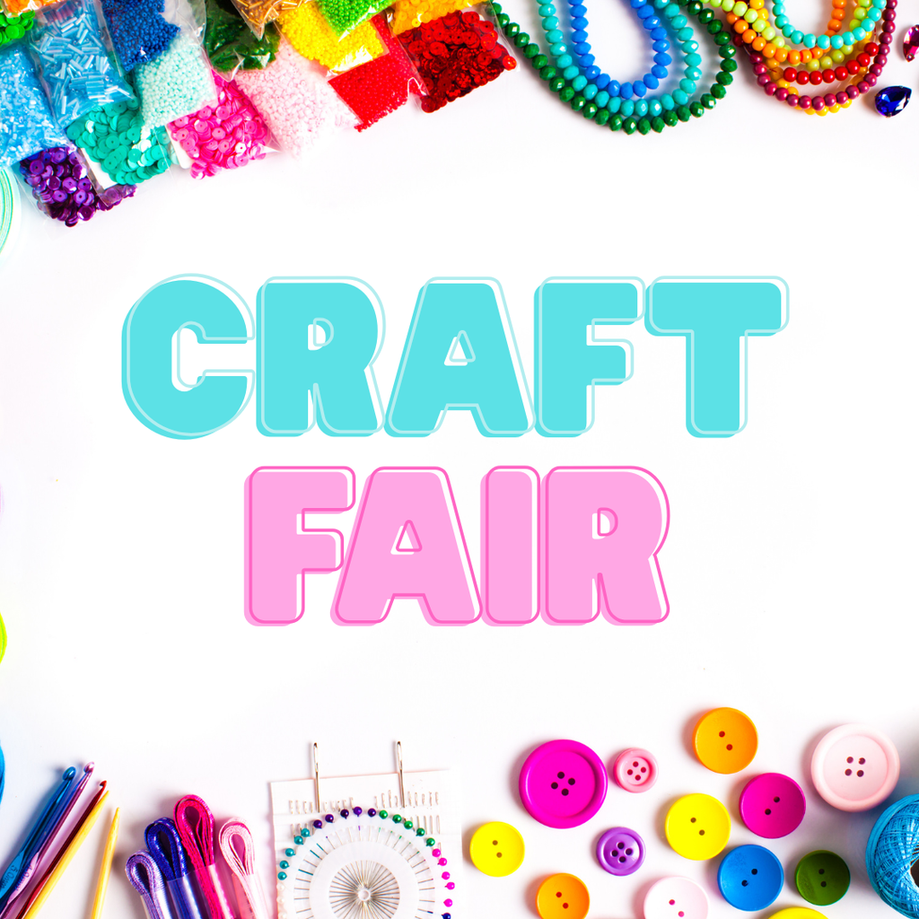 Colorful craft supplies border a white background with the words “Craft Fair” in bold blue and pink letters at the center.